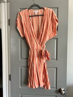 l*space Coral and Cream Striped Wrap Mini Dress